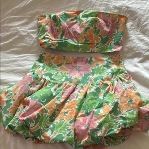 Free People Floral Strapless Dress - Green, Pink, Orange